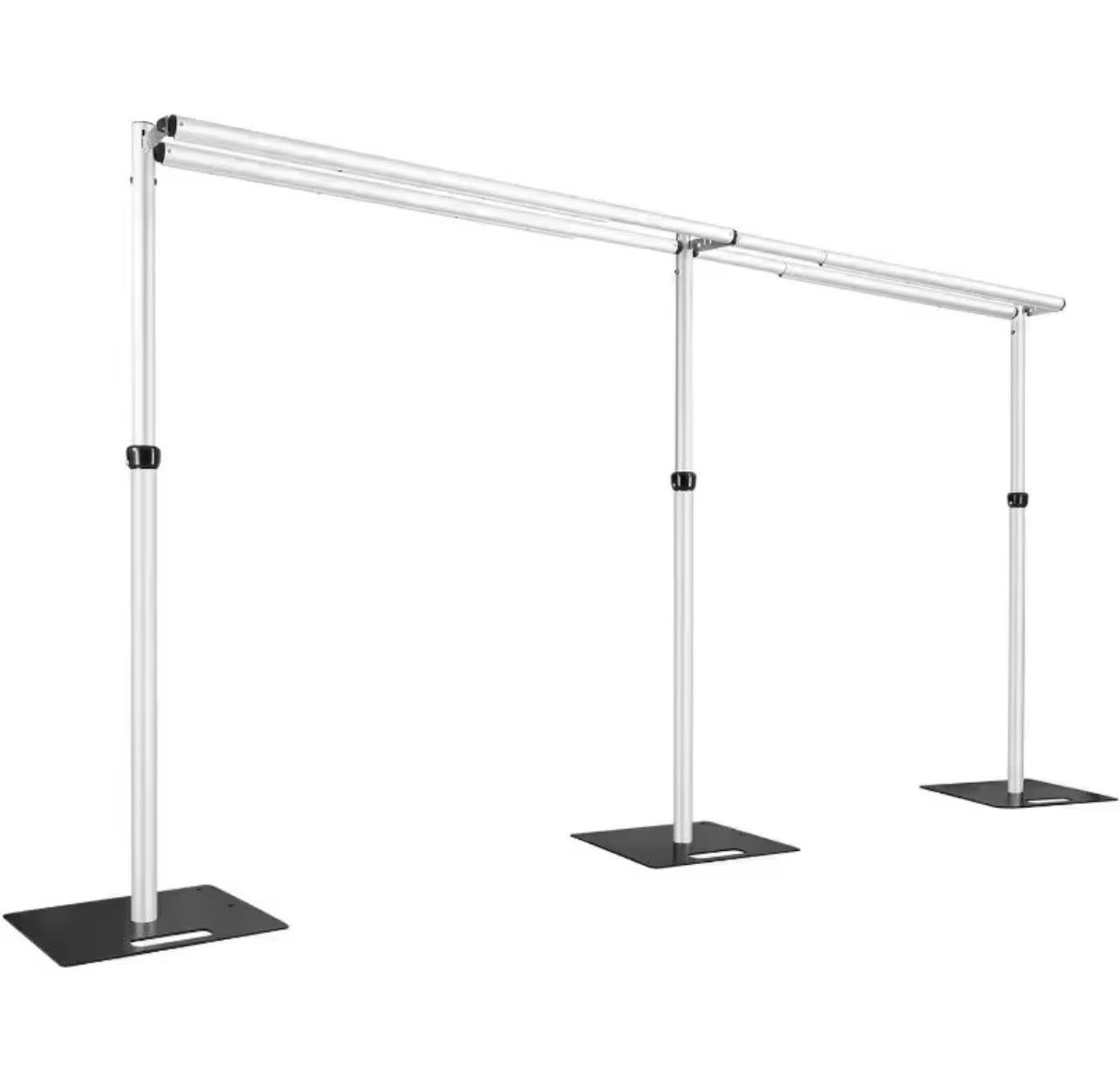 Adjustable aluminium pipe-and-drape frame with telescopic uprights, crossbars and freestanding base plates