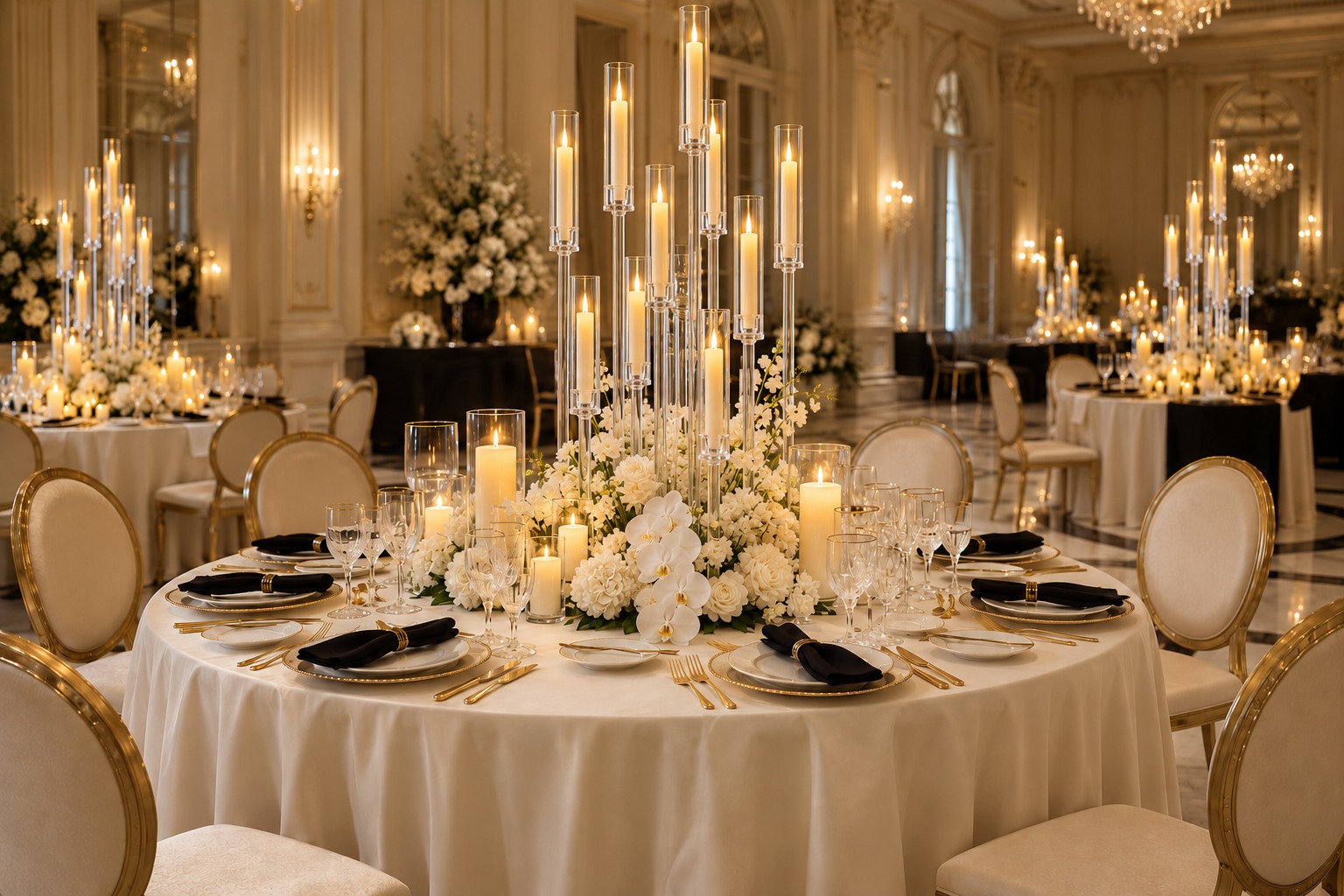 Luxury wedding table with tall clear candelabra, abundant flowers and LED candlelight