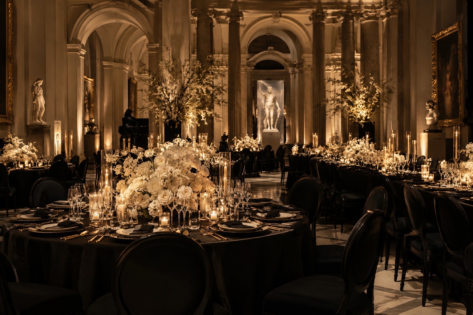 Sophisticated corporate gala dinner with black tables, white flowers and warm architectural lighting