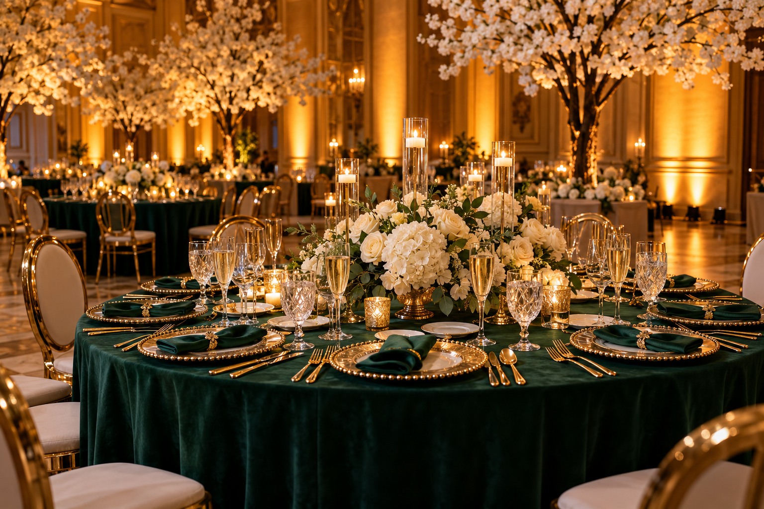 Emerald and champagne wedding table with gold beaded charger plates, champagne flutes, wine glasses, water goblets, white blossom trees and warm venue uplighting