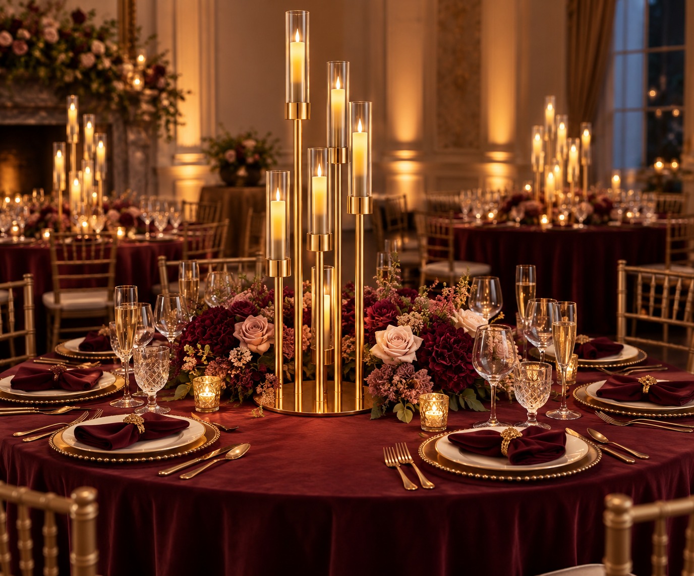 Burgundy and gold table styling for an elegant private celebration