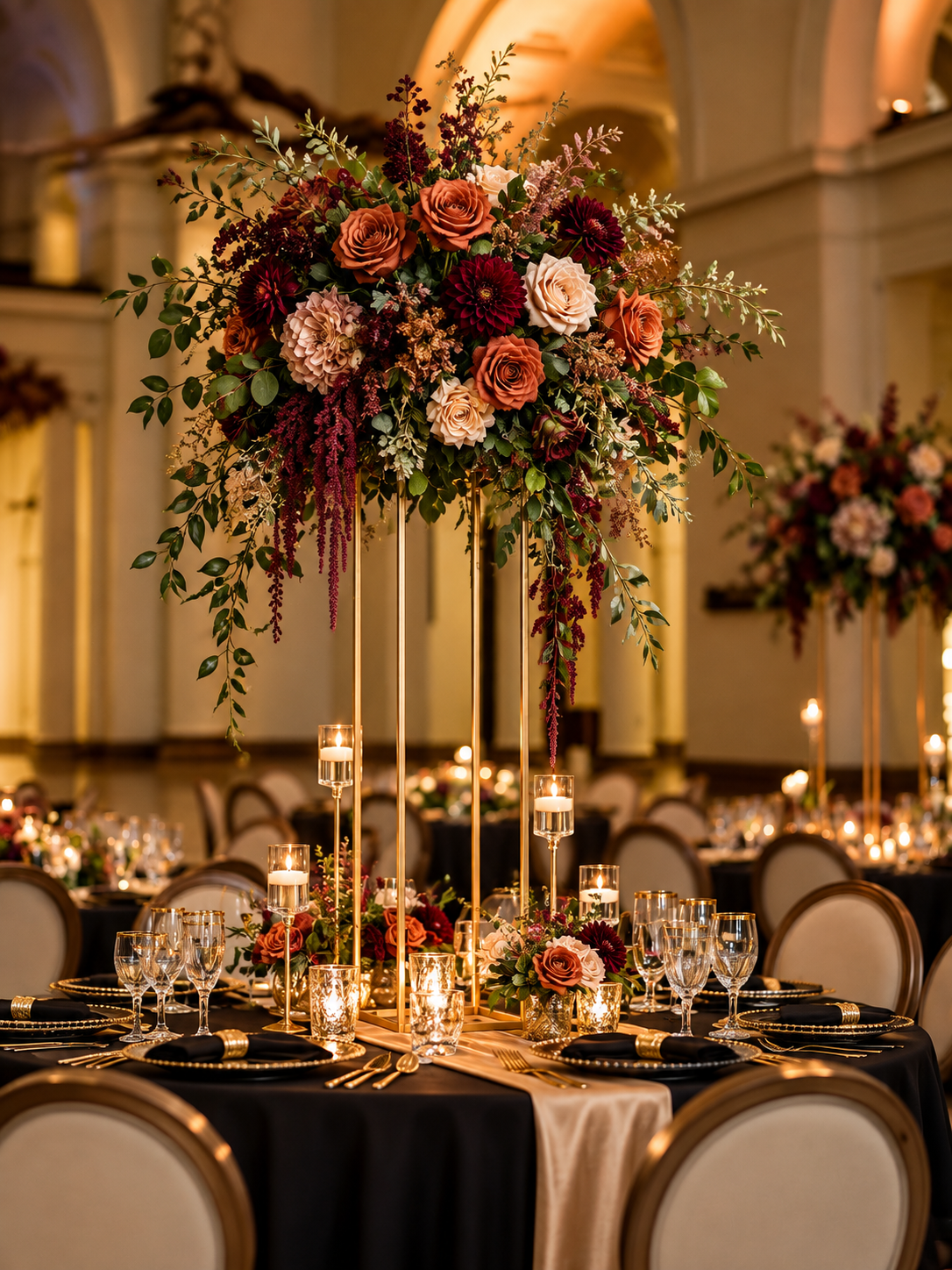 Tall gold geometric centrepiece stand with elaborate burgundy and burnt-orange flowers