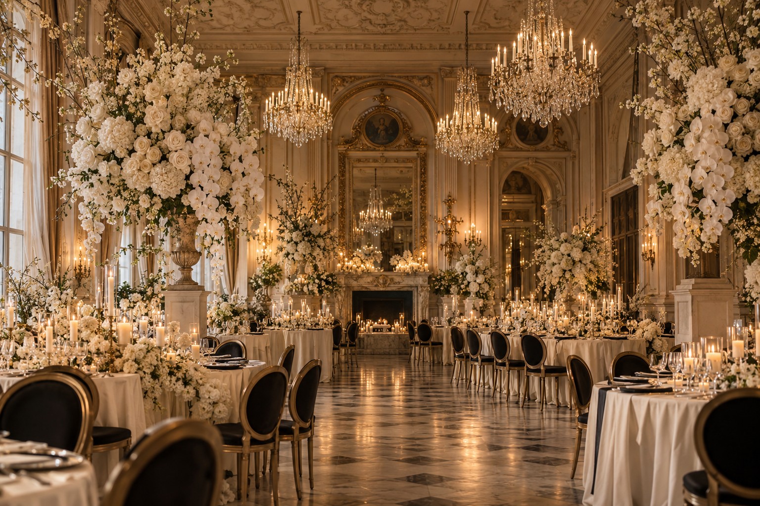 Grand ballroom wedding setting with ivory flowers, crystal chandeliers and candlelit tables