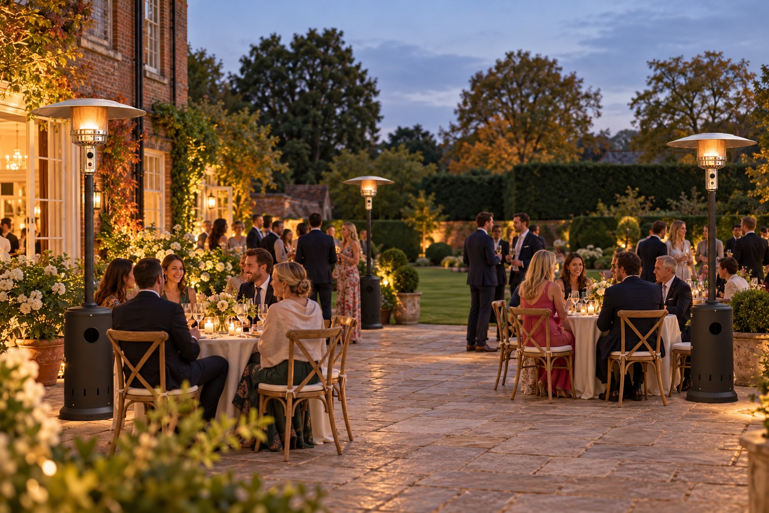 Outdoor patio heater hire with three black and silver gas heaters at a British garden reception