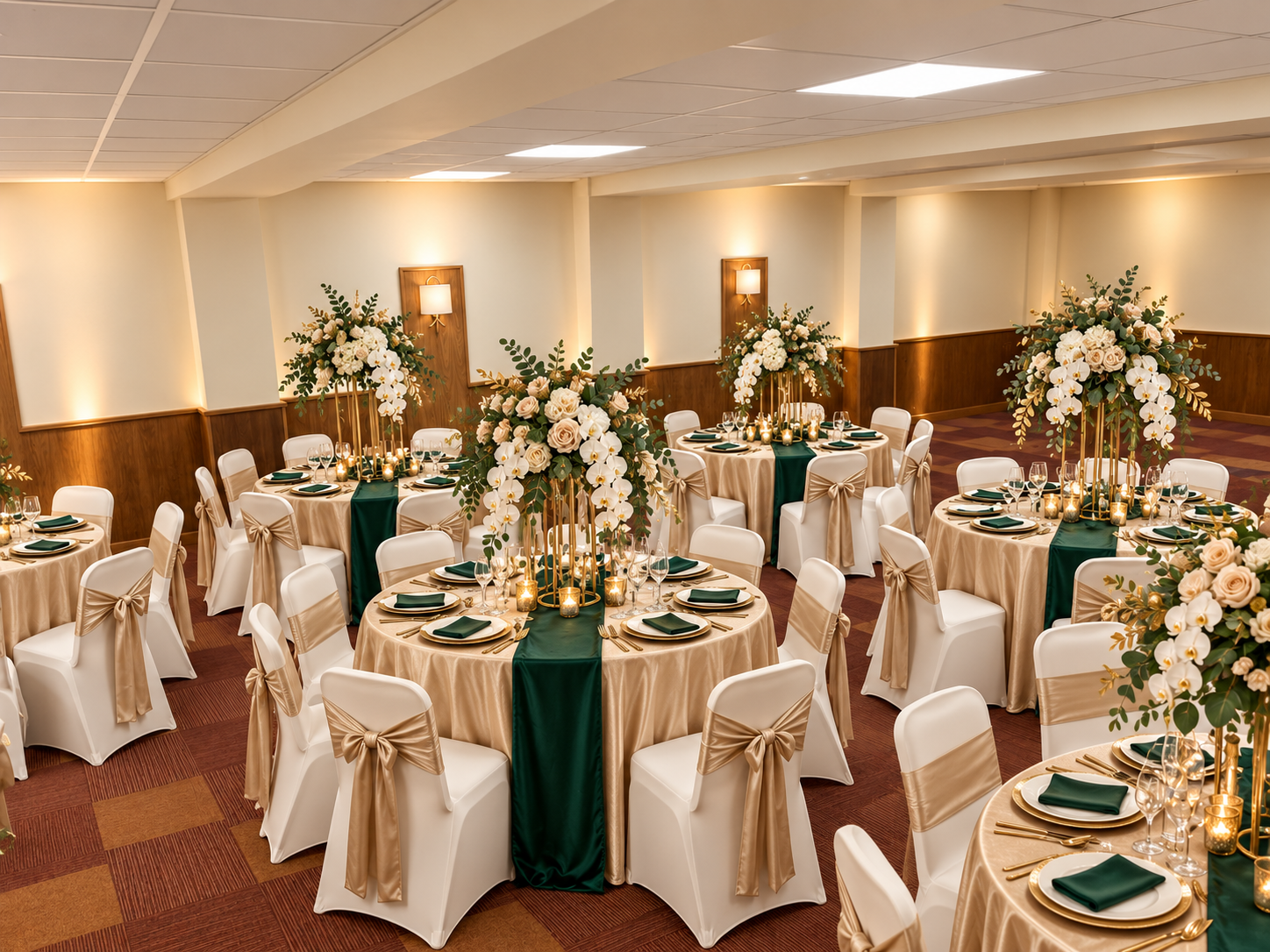 Banquet tables dressed with champagne tablecloths, emerald runners and covered chairs