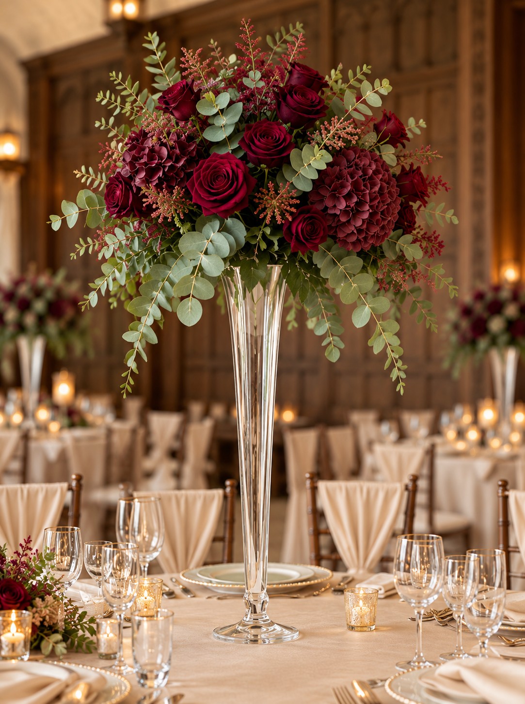 Tall clear glass trumpet vase with burgundy roses, hydrangeas and eucalyptus on a champagne wedding reception table