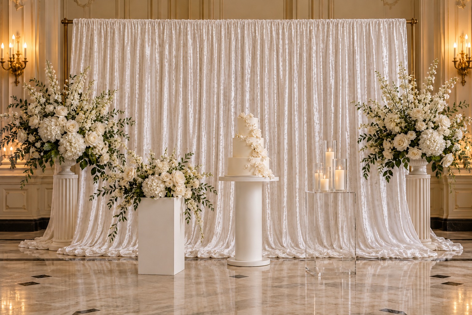 White crushed velvet wedding backdrop fully styled with flowers, a cake stand, white plinth and clear acrylic plinth