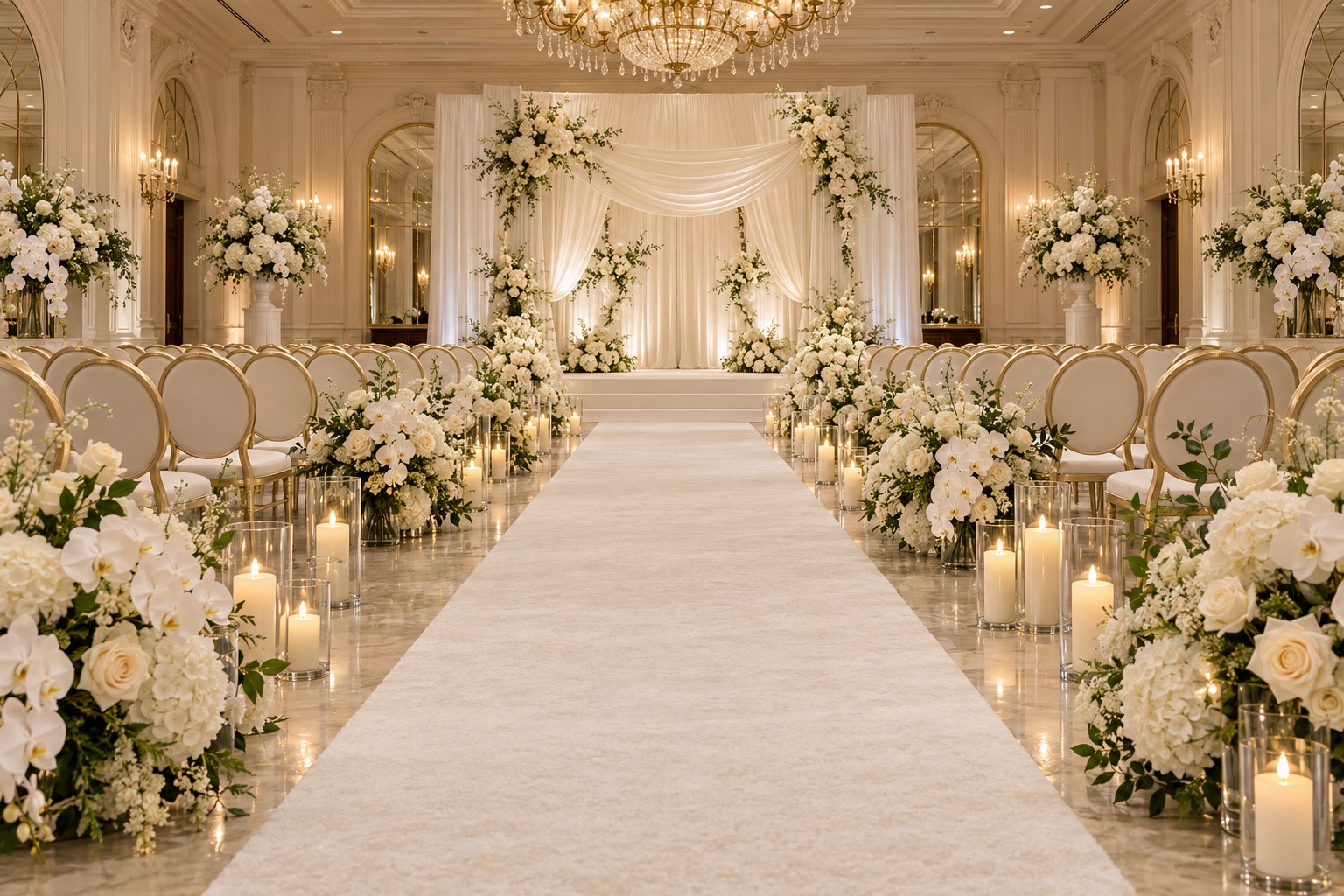 White carpet aisle shown in a complete wedding ceremony setting with draping, flowers and LED candles